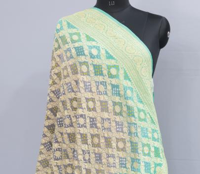 Bandhej Duppata With Banarasi Work & Palav - Grey & Green/ Bandhej duppatas & Stoles