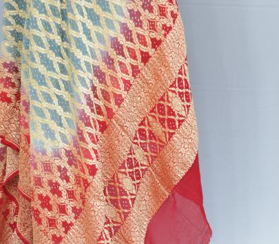 Bandhej Duppata With Banarasi Work & Palav - Red & Grey/ Bandhej duppatas & Stoles