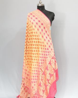 Bandhej Shading Duppata With Banarasi Work Pink & Orange/