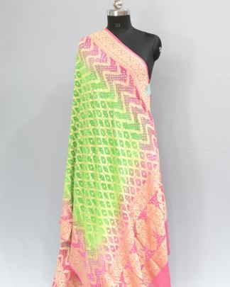 Bandhej Shading Duppata With Banarasi Work Pink & Green/ Banarasi Duppatas 