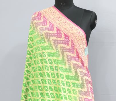 Bandhej Shading Duppata With Banarasi Work Pink & Green/ Banarasi Duppatas 