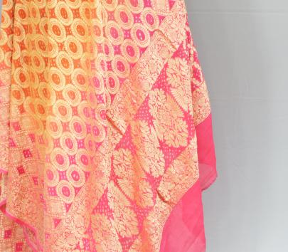 Bandhej Shading Duppata With Banarasi Work Pink & Orange/ Banarasi Duppatas 