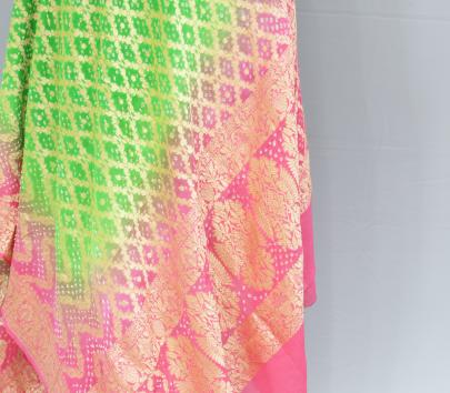 Bandhej Shading Duppata With Banarasi Work Pink & Green/ Banarasi Duppatas 