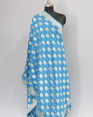 Bandhej with golden zari butta duppata - Sky Blue/ 