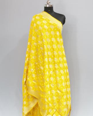 Bandhej with golden zari butta duppata - Yellow/ 