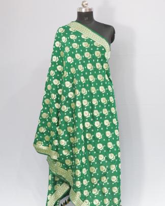 Bandhej with golden zari butta duppata - Green/ Banarasi Duppatas 