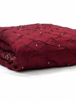 Chiniya silk Bandhej fabric with golden dots motifs and a Lucknowi border with sequins - Maroon/ 