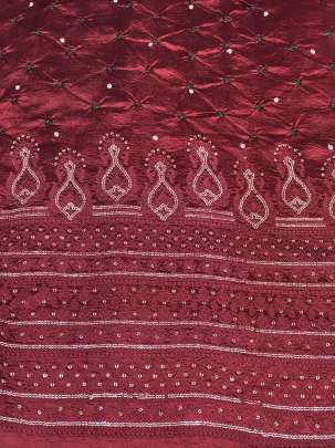 Chiniya silk Bandhej fabric with golden dots motifs and a Lucknowi border with sequins - Maroon/ Banarasi Bandhej 