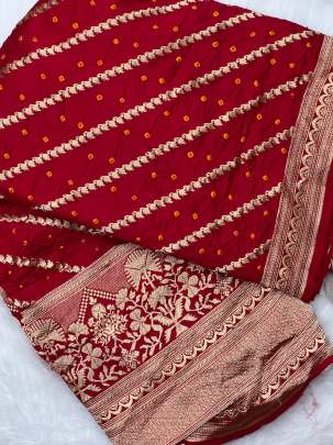 Chiniya silk bandhej with golden zari work laheria and border - Red/ 