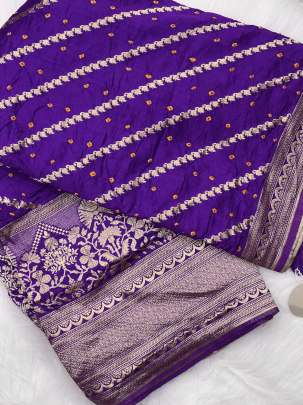 Chiniya silk bandhej with golden zari work laheria and border - Purple/ 