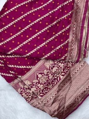 Chiniya silk bandhej with golden zari work laheria and border - Wine/ 