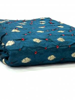 Chiniya silk bandhej with handwoven golden banarasi butti - Peacock blue/