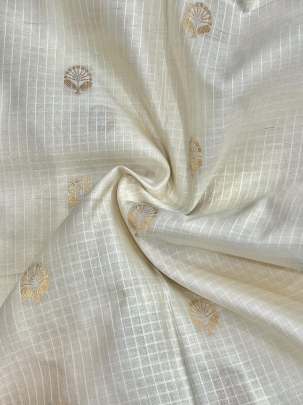 Chiniya silk self lining with golden silver zari butti - White ( Dyeable ) 