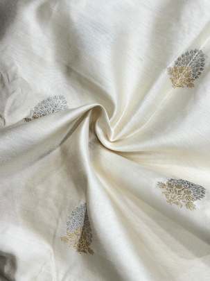 Chiniya silk with golden & silver zari butta - White ( Dyeable )