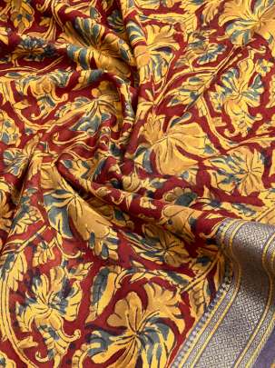  Cotton Kalamkari Natural Handblocked Print Maroon/ 