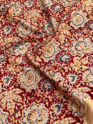  Cotton Kalamkari Natural Handblocked Print Maroon/ 