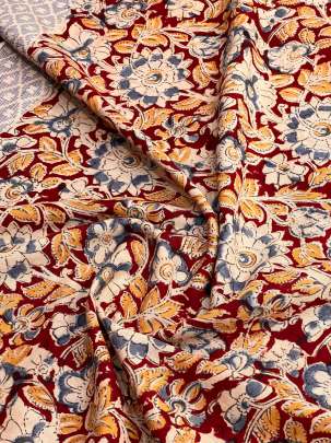  Cotton Kalamkari Natural Handblocked Print Maroon/