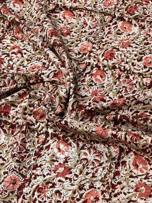  Cotton Kalamkari Natural Handblocked Print Dark Maroon/