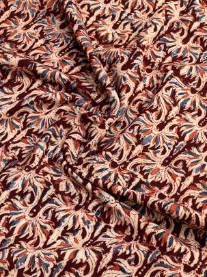  Cotton Kalamkari Natural Handblocked Print Dark Maroon/