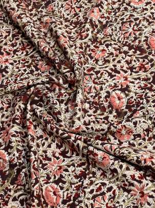  Cotton Kalamkari Natural Handblocked Print Dark Maroon/