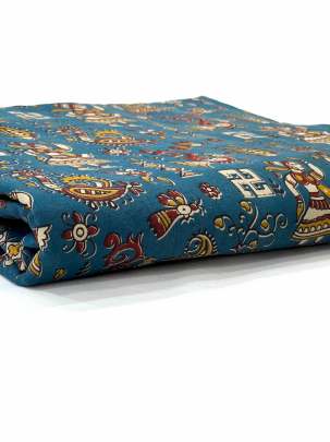  Cotton Kalamkari Natural Handblocked Print - Peacock blue/ 