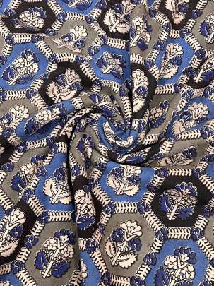  Cotton Kalamkari Natural Handblocked Print - Black/ 