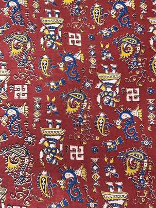  Cotton Kalamkari Natural Handblocked Print - Maroon/ 