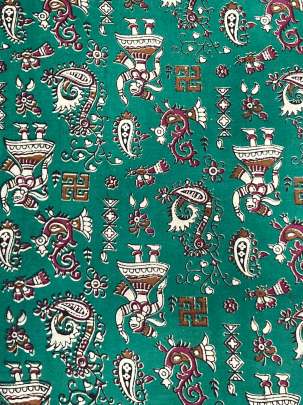  Cotton Kalamkari Natural Handblocked Print - Green/ 