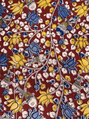  Cotton Kalamkari Natural Handblocked Print - Maroon/ 