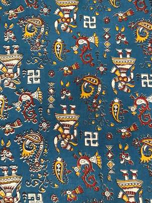  Cotton Kalamkari Natural Handblocked Print - Peacock blue/ 