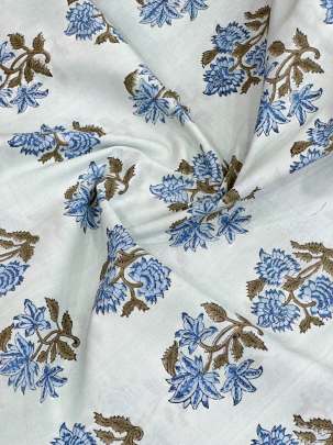 Cotton Mughal Handblocked Butti Print Light Aqua Blue/ 