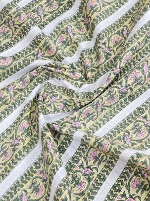 Cotton Mughal Handblocked Floral Print Creamish Yellow/ 