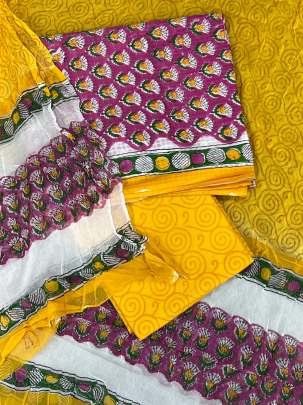 Cotton blockprinted Suitpieces with chiffon Duppata - Rani/ 