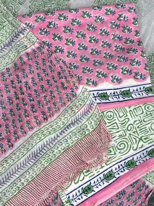 Cotton blockprinted Suitpieces with chiffon Duppata - Pink/