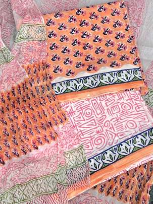 Cotton blockprinted Suitpieces with chiffon Duppata - Peach/