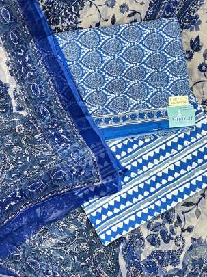 Cotton blockprinted Suitpieces with chiffon Duppata - Blue/