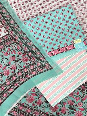 Cotton blockprinted Suitpieces with chiffon Duppata - Sea Green/ 