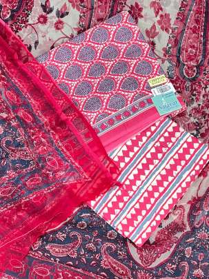 Cotton blockprinted Suitpieces with chiffon Duppata - Cherry Red/ 