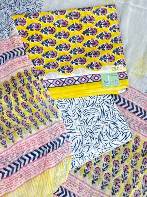 Cotton blockprinted Suitpieces with chiffon Duppata - Yellow/ 