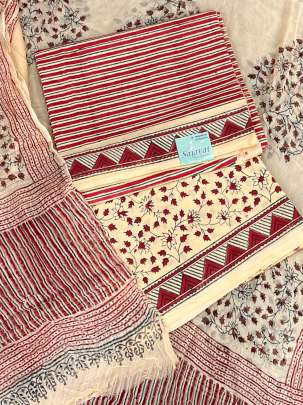 Cotton blockprinted Suitpieces with chiffon Duppata - Red/ 