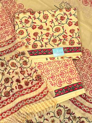 Cotton blockprinted Suitpieces with chiffon Duppata - Light yellow/ 