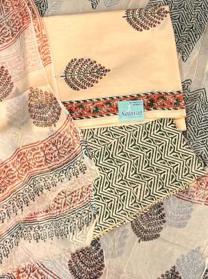 Cotton blockprinted Suitpieces with chiffon Duppata - Cream/