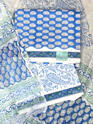 Cotton blockprinted Suitpieces with chiffon Duppata - Blue/ 