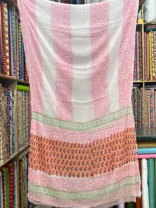 Cotton blockprinted Suitpieces with chiffon Duppata - Peach/ 