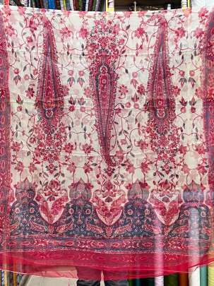 Cotton blockprinted Suitpieces with chiffon Duppata - Cherry Red/ 