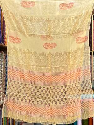 Cotton blockprinted Suitpieces with chiffon Duppata - Light yellow/ 