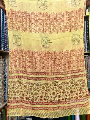 Cotton blockprinted Suitpieces with chiffon Duppata - Light yellow/ 