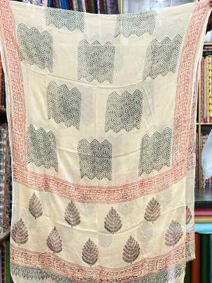 Cotton blockprinted Suitpieces with chiffon Duppata - Cream/ 