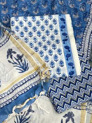 Cotton handblocked suitpieces with handblocked printed duppata - Blue/ 