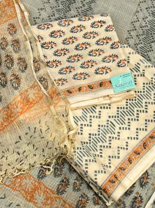 Cotton handblocked suitpieces with handblocked print kota duppata - Cream/ 